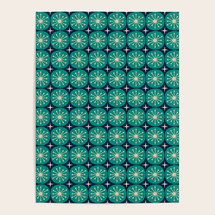 Mid Century Modern Atomic Dots And Stars Retro Pattern 2 In Mid Mod Teal Turquoise Navy Blue Beige Poster