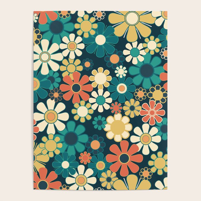 Pretty Groovy Retro Garden 60s 70s Aesthetic Floral Pattern Blue Orange Mustard Teal Poster