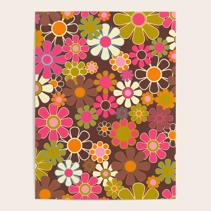 Groovy Retro Garden 60s 70s Floral Pattern Brown Avocado Pink Poster