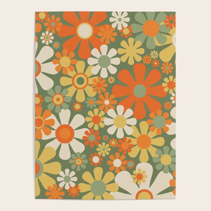 Retro Garden Flowers Groovy 60s 70s Floral Pattern In Mossy Sage Green Orange Yellow Poster