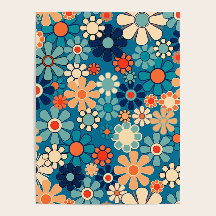 Groovy Blue Retro Garden 60s 70s Aesthetic Floral Pattern With Orange Poster