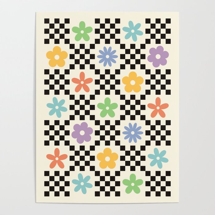 Retro Colorful Flower Double Checker Poster