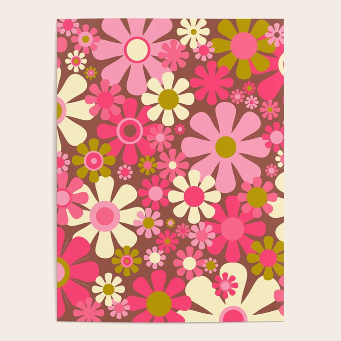 Groovy Retro Floral Garden 60s 70s Pattern In Pink Avocado Brown 2 Poster