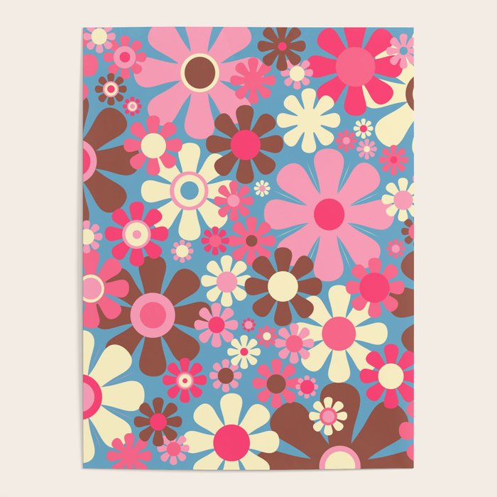 Groovy Retro Floral Garden 60s 70s Pattern In Cheerful Pink Brown And Blue Poster