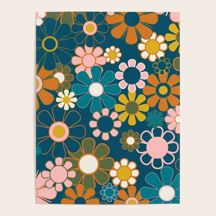 Pretty Groovy Retro Garden Floral Pattern Blue Pink Orange Olive 2 Poster