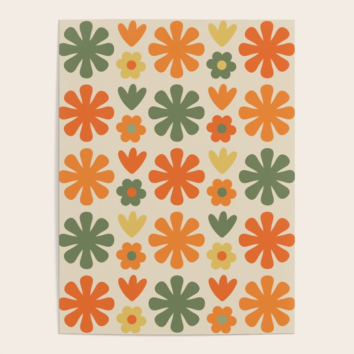 Retro Flowers Scandi Floral Grid Pattern In Mossy Olive Green Orange Mustard Poster