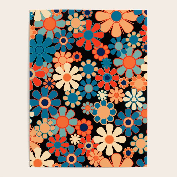 Retro Garden Night Flowers Vintage Style Floral Pattern Blue Orange Black Poster