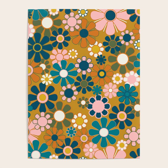 Pretty Groovy Retro Garden 60s 70s Aesthetic Floral Pattern Ochre Teal Olive Pink Poster