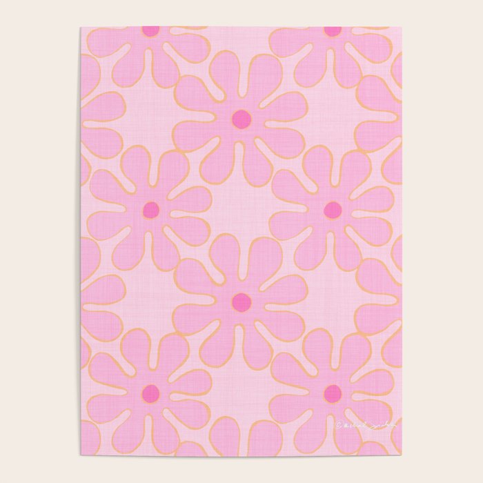 Pink Floral 70s Style Groovy Flowers Poster
