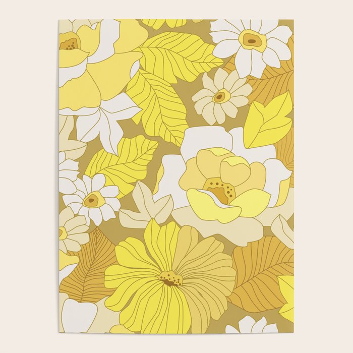 Yellow, Ivory And Brown Retro Flowers Poster