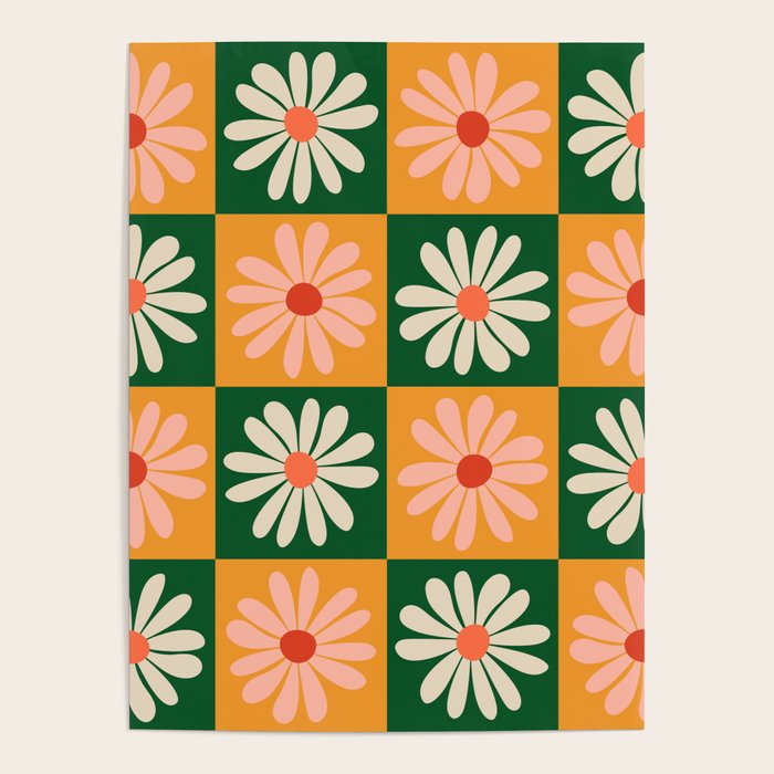 Retro Colorful Daisy Flower Checkerboard - Peach + Green Poster