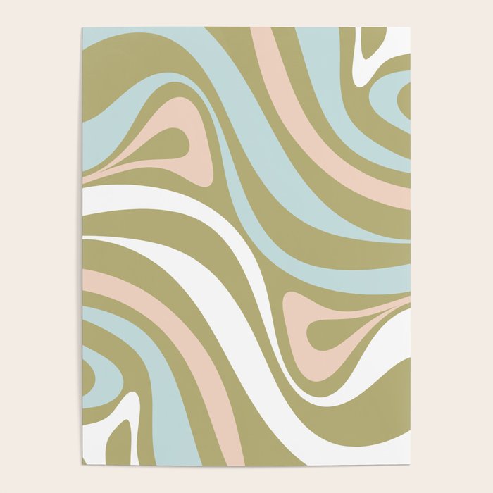 Retro Abstract New Groove Swirl Pattern Soft Sage Green Light Blue Poster