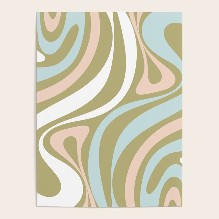 Retro Abstract New Groove Swirl Pattern Soft Sage Green Light Blue Poster