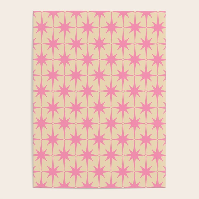 Midcentury Modern Atomic Age Starburst Star Pattern Pink And Cream Poster