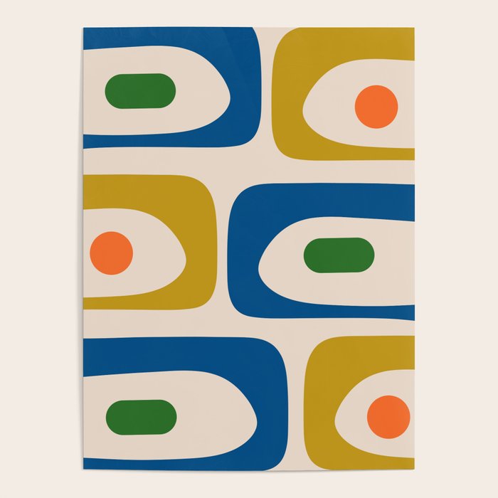 Mid Century Modern Abstract Retro Piquet Pattern In Vintage Blue Mustard Green Orange Beige Poster