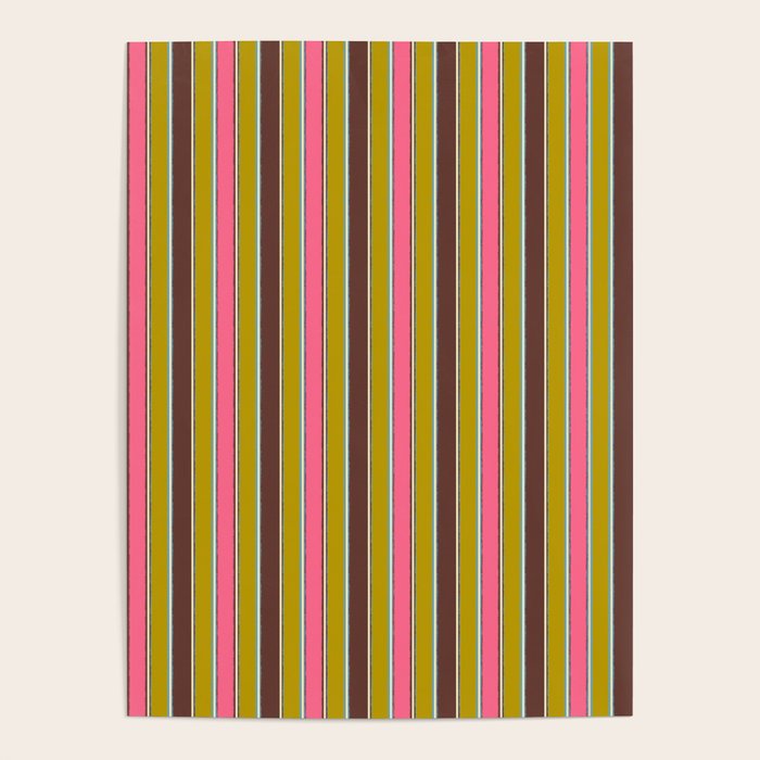 Retro Eclectic Watercolor Paper Stripes Vertical Pattern Pink Chartreuse Brown Blue Cream Poster