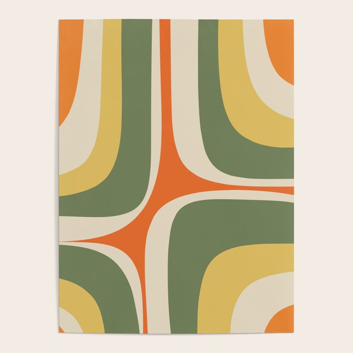 Retro Groove Mid Century Modern Abstract Pattern In Mossy Sage Olive Green Orange Mustard Poster