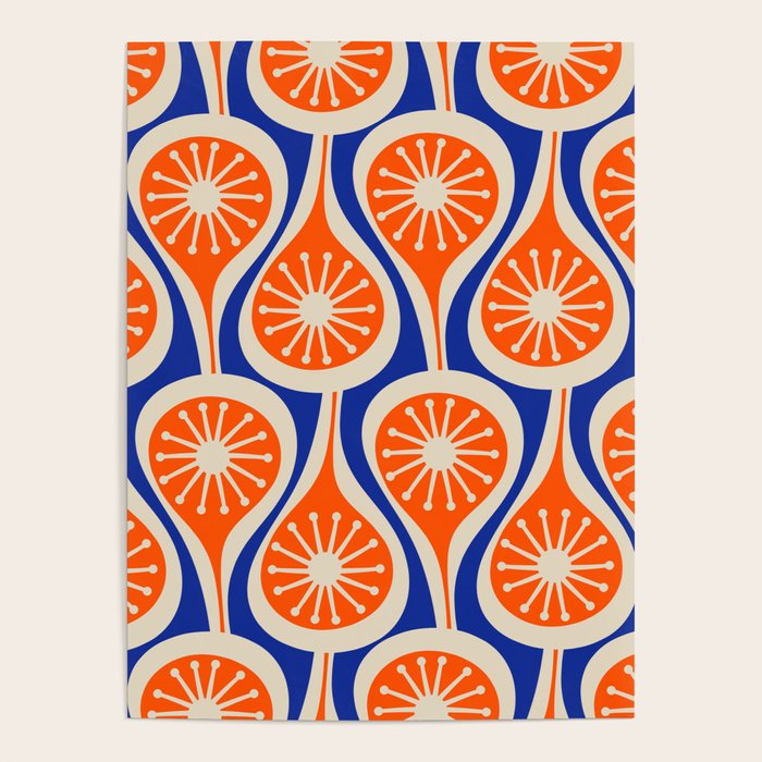 Mid Century Modern Atomic Drops Retro Pattern Bright Blue Orange Beige Poster