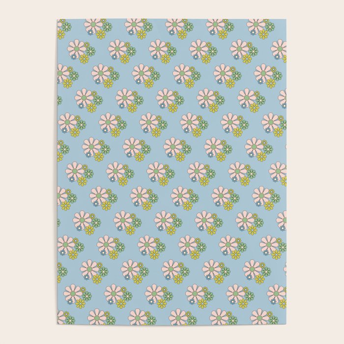 Retro Garden Party 60s 70s Geometric Floral Pattern In Pastel Blue Pink Green Poster