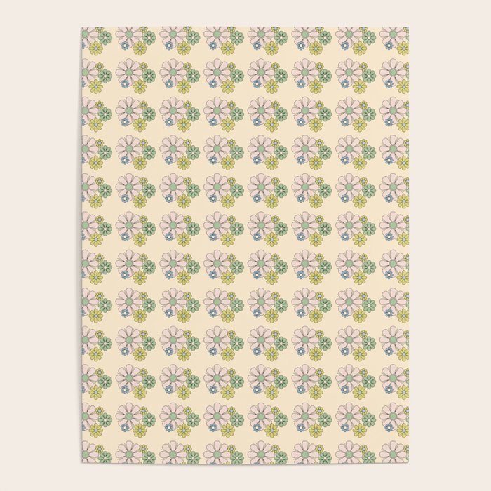 Retro Garden Party 60s 70s Geometric Floral Grid Pastel Pattern Poster