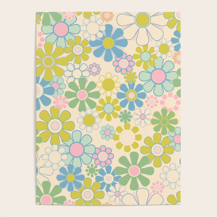 Retro Garden 60s 70s Pastel Floral Pattern On Cream Poster