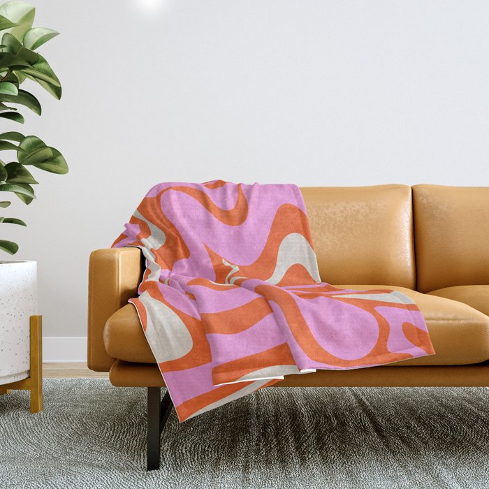 Retro Liquid Swirl Abstract Pattern Bright Pink Orange Cream Throw Blanket