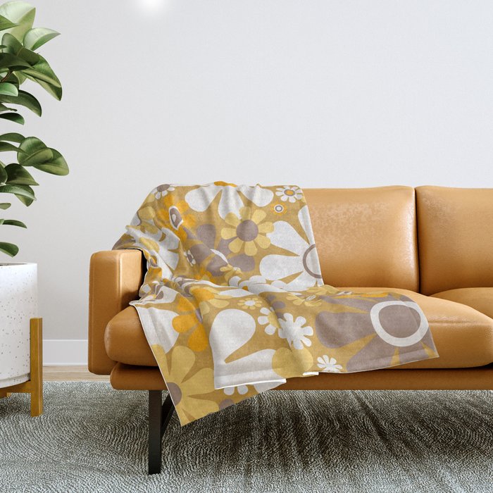 Retro Garden Flowers Groovy 60s 70s Floral Pattern In Ochre Yellow Orange Throw Blanket