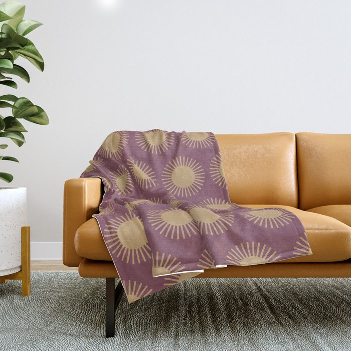 Boho Summer Sun Pattern Xi Mauve And Neutral Yellow Throw Blanket