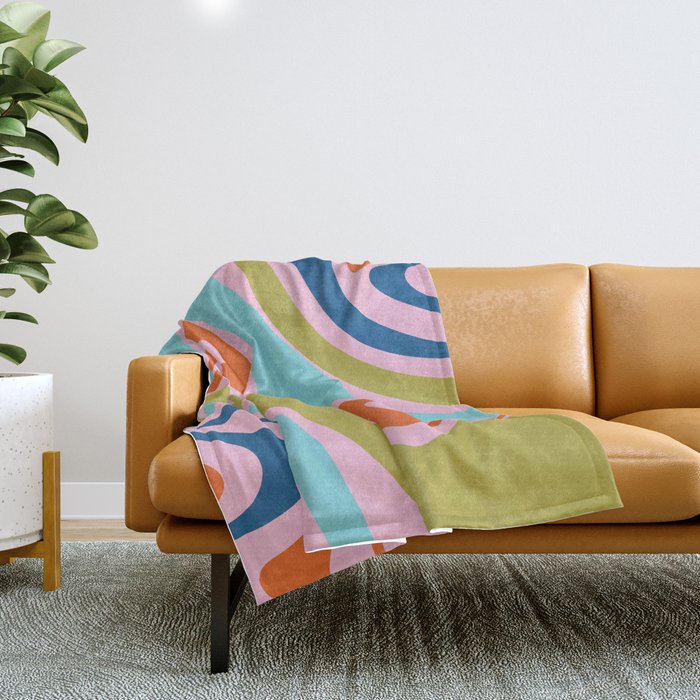 Retro Abstract New Groove Trippy Boho Pattern Multicolored On Pink Throw Blanket