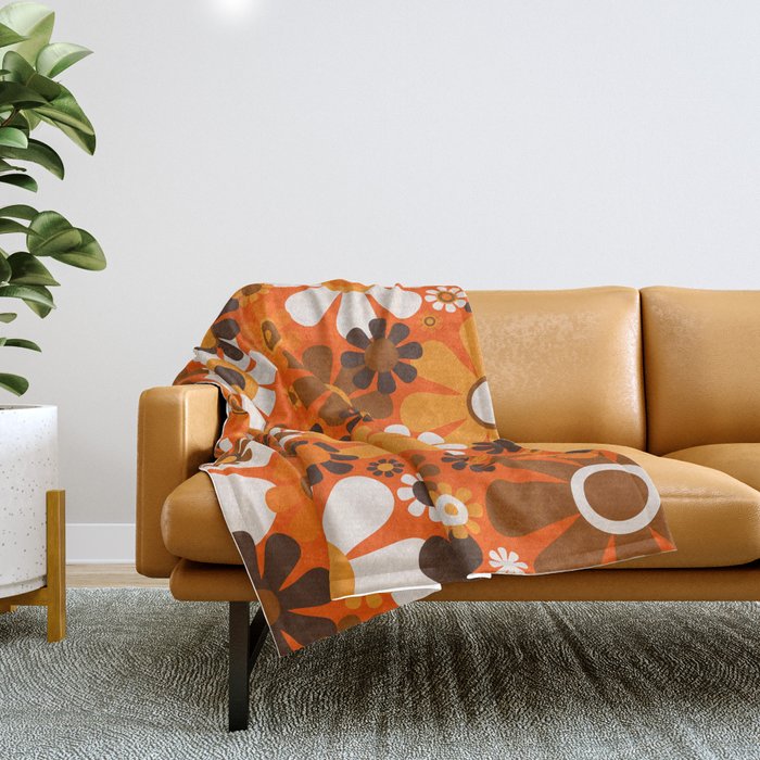 Retro Garden Flowers Groovy 1970s Floral Pattern In 70s Orange And Brown Throw Blanket