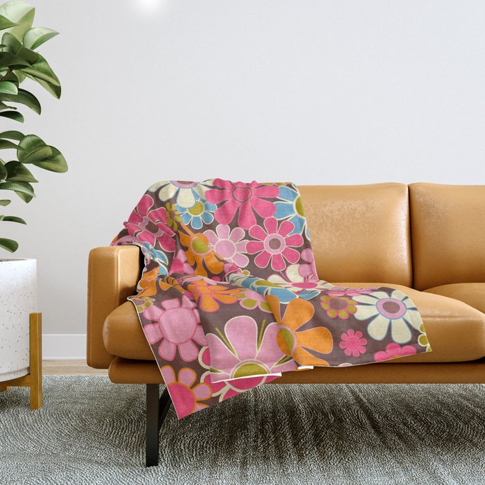 Groovy Retro Garden 60s 70s Multicolored Pink Floral Pattern On Brown Throw Blanket