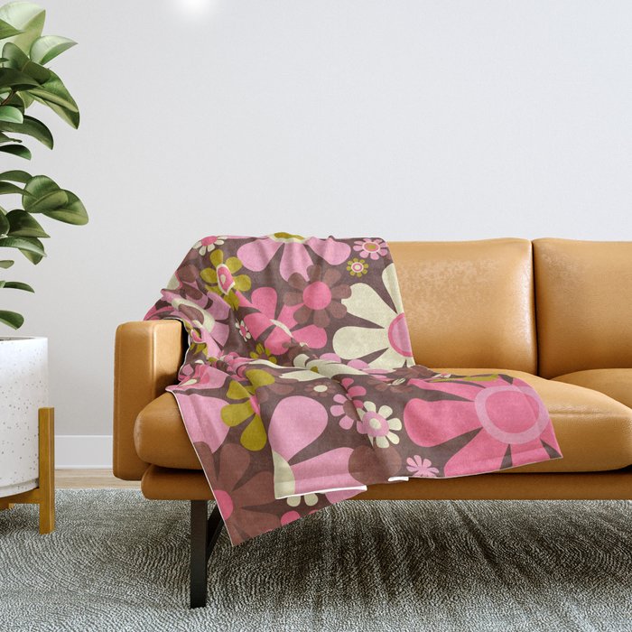 60s 70s Retro Floral Garden Cheerful Flower Pattern In Brown Pink Avocado Throw Blanket