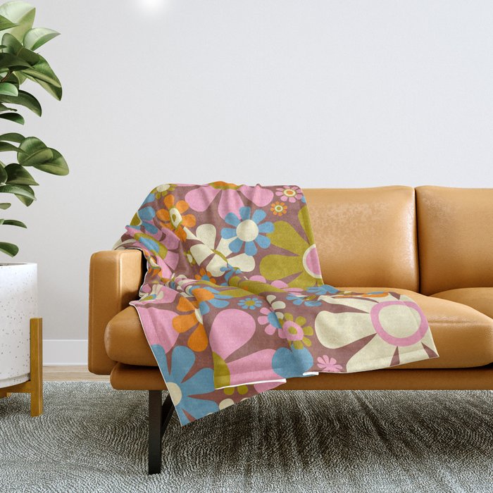 Cheerful Groovy Retro Garden Flowers 60s 70s Floral Pattern Throw Blanket