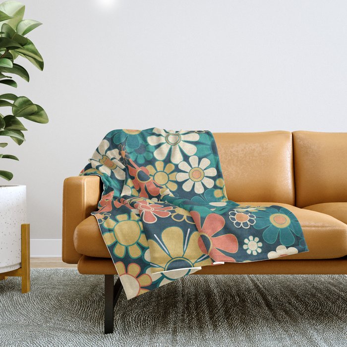 Pretty Groovy Retro Garden 60s 70s Aesthetic Floral Pattern Blue Orange Mustard Teal Throw Blanket