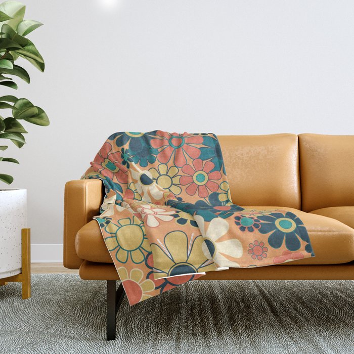 Pretty Groovy Retro Garden 60s 70s Aesthetic Floral Pattern In 1970s Orange Teal Blue And Yellow Throw Blanket