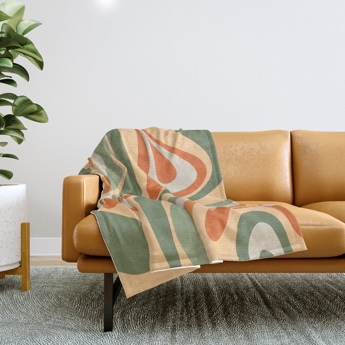 Groovy Retro Abstract New Groove Swirl Pattern In Mossy Sage Olive Green Apricot Orange Throw Blanket