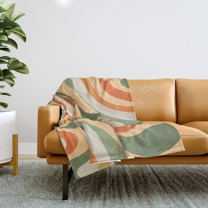 Retro Abstract New Groove Swirl Pattern In Mossy Sage Olive Green Apricot Orange Throw Blanket