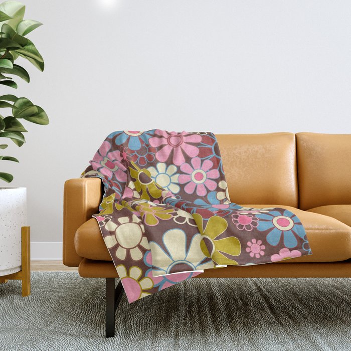 Groovy Retro Garden 60s 70s Eclectic Floral Pattern On Brown Throw Blanket