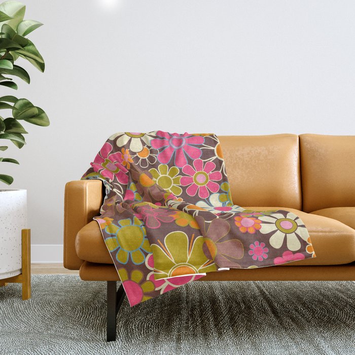 Groovy Retro Garden 60s 70s Floral Pattern Brown Avocado Pink Throw Blanket
