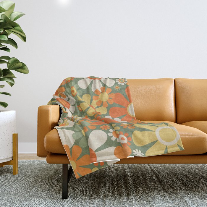 Retro Garden Flowers Groovy 60s 70s Floral Pattern In Mossy Sage Green Orange Yellow Throw Blanket