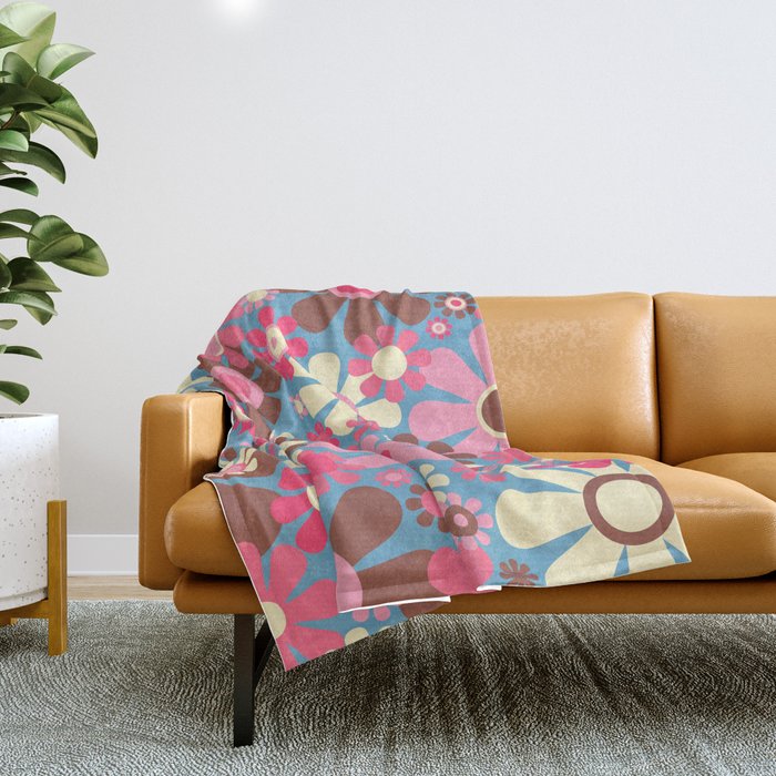 Groovy Retro Floral Garden 60s 70s Pattern In Cheerful Pink Brown And Blue Throw Blanket