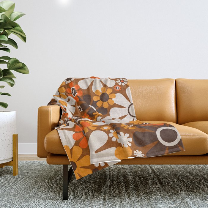 Retro Garden Flowers Groovy 1970s Floral Pattern In 70s Brown And Orange Throw Blanket