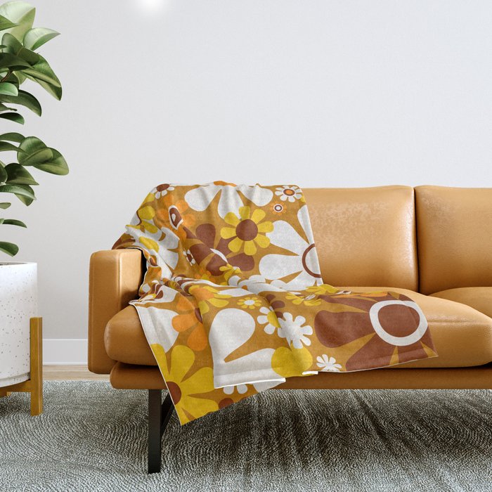 Retro Garden Flowers Groovy 60s 70s Floral Pattern Ochre Yellow Orange Brown Throw Blanket