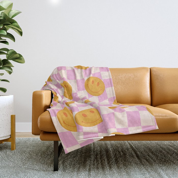 Groovy Smiley Faces On Pastel Pink Twisted Checkerboard Throw Blanket