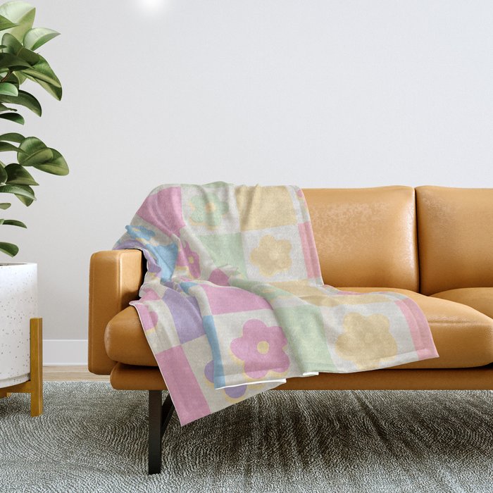 Checkered Flower Power Danish Pastel Rainbow Tones Throw Blanket