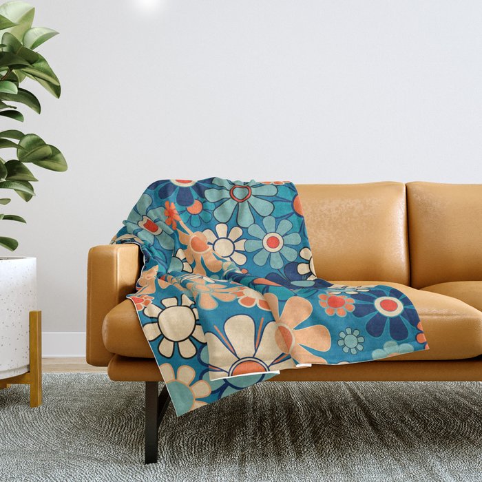 Groovy Blue Retro Garden 60s 70s Aesthetic Floral Pattern With Orange Throw Blanket