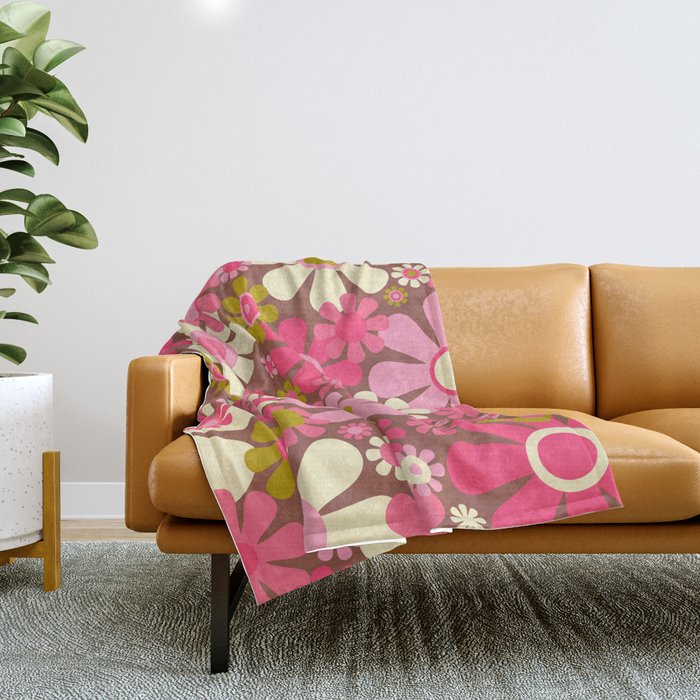 Groovy Retro Floral Garden 60s 70s Pattern In Pink Avocado Brown  Throw Blanket