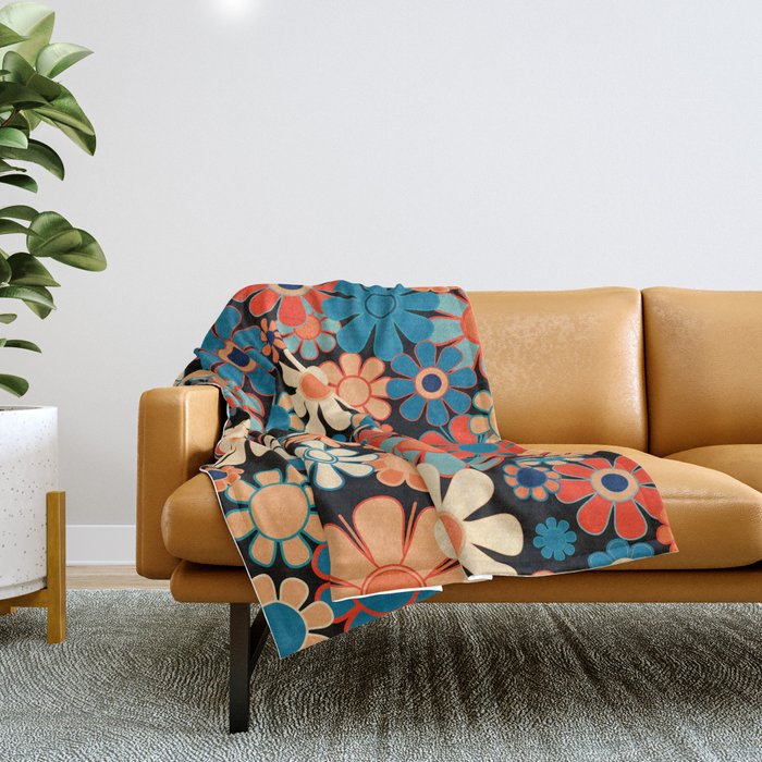 Retro Garden Night Flowers Vintage Style Floral Pattern Blue Orange Black Throw Blanket