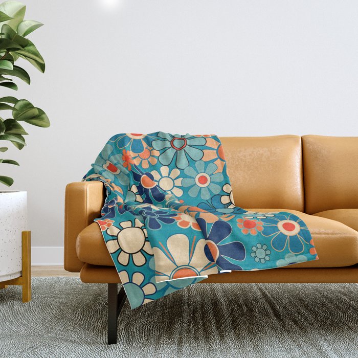 Groovy Retro Garden Flowers 60s 70s Floral Pattern In Blue And Orange Throw Blanket