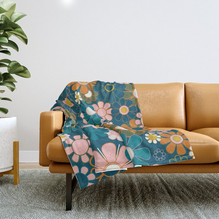 Pretty Groovy Retro Garden Floral Pattern Blue Pink Orange Olive 2 Throw Blanket
